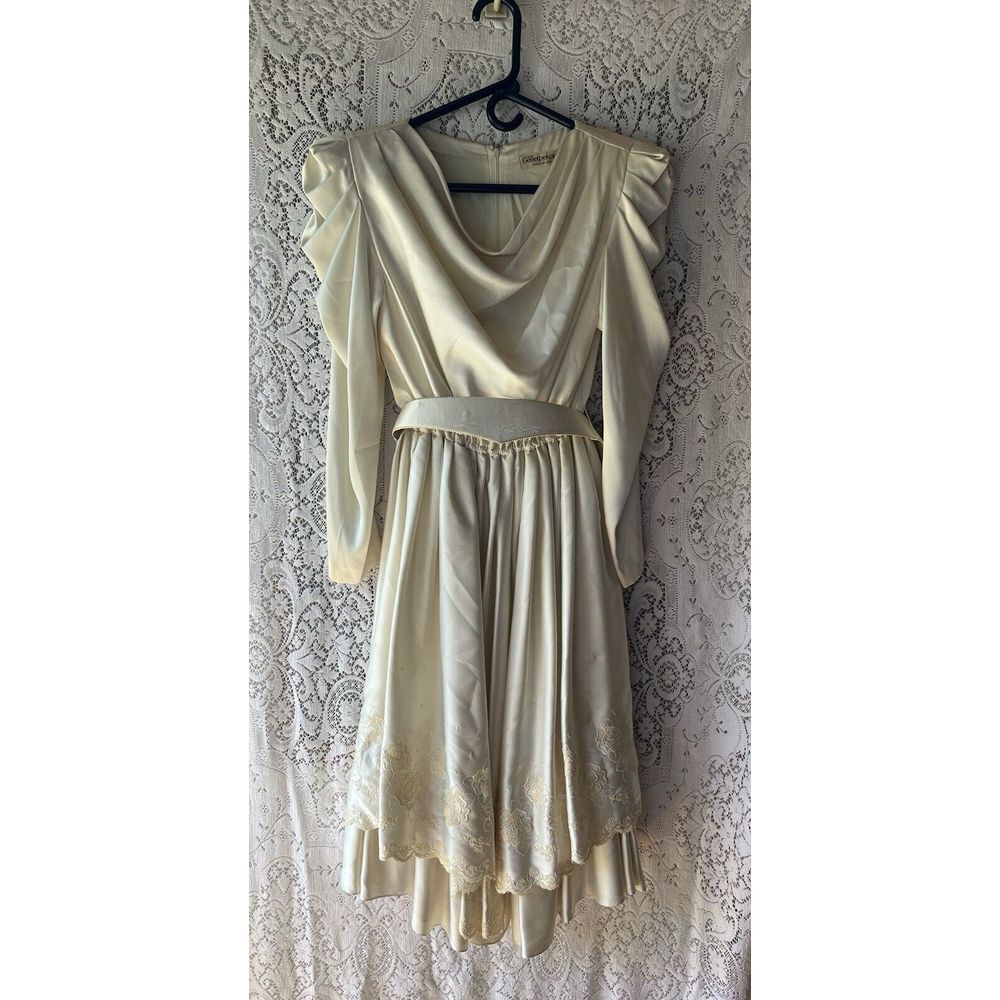 Vtg GENETPELSONE Cream/Ivory Embroidered Floral Dress Womens Cocktail Wedding